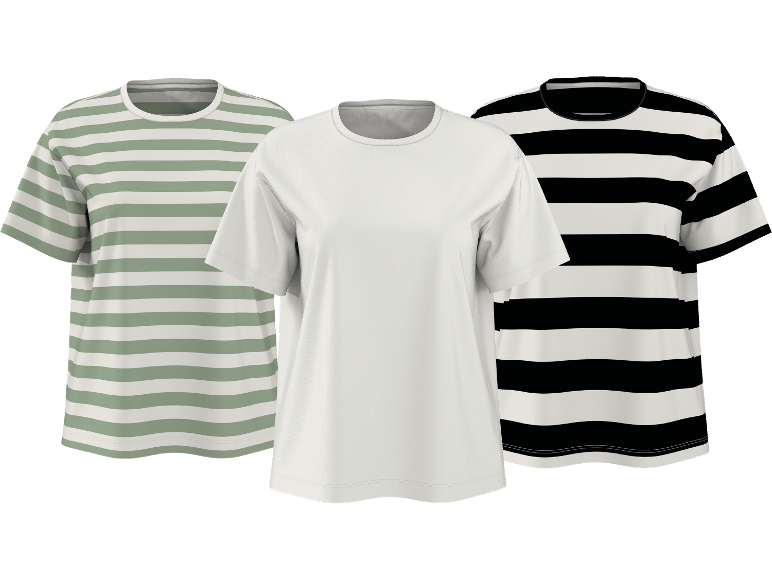 Tre kortärmade t-shirts: en vit, en grön- och vitrandig samt en svart- och vitrandig.