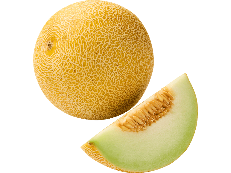 Ryneczek Lidla Galiamelone, hel och skuren melon med frön