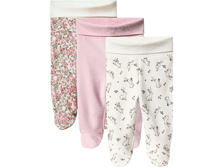 Tre par babybyxor: blommiga, rosa och med kaniner.