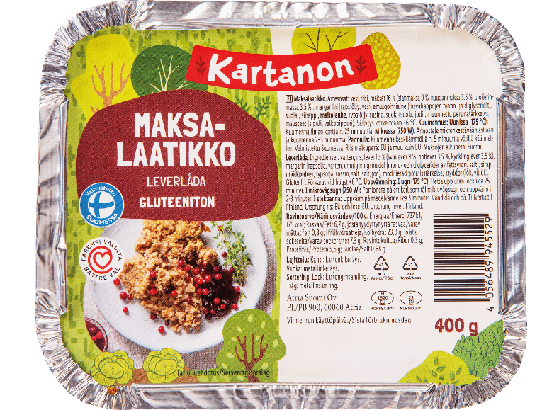 Glutenfri leverlåda med lingon, näringsinformation och streckkod.