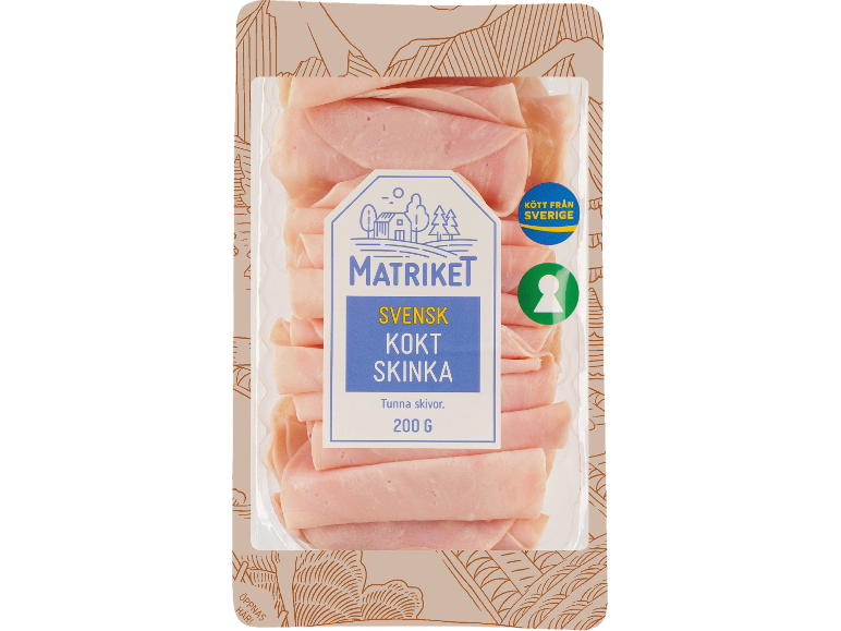 Förpackning svensk kokt skinka i tunna skivor, 200 g, med svenskt köttlogotyp.