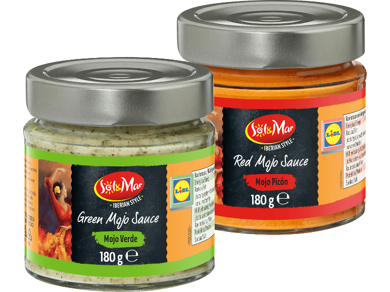 SOL&MAR Grön Mojo-sås och Röd Mojo-sås i 180 g glasburkar.