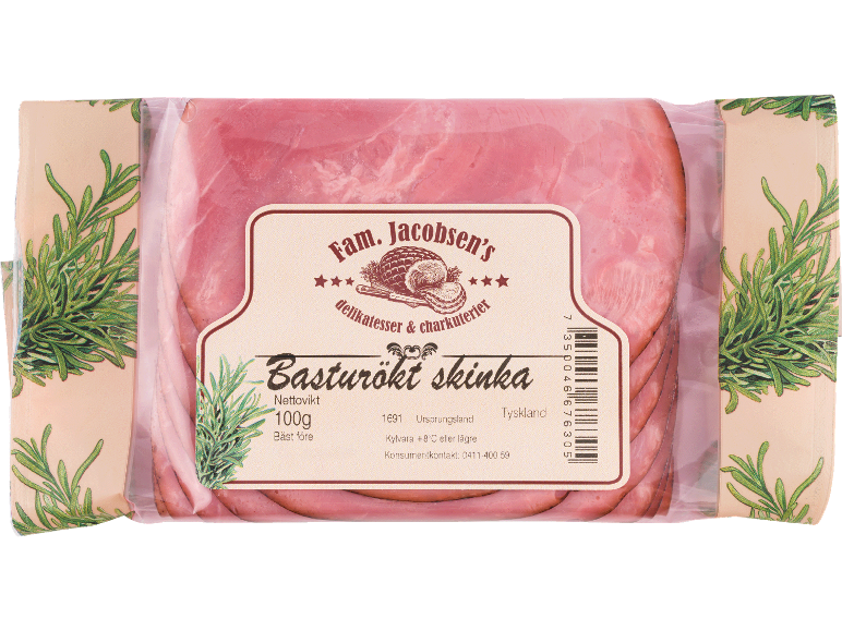 Förpackad basturökt skinka med rosmarin, 100g, från Tyskland.