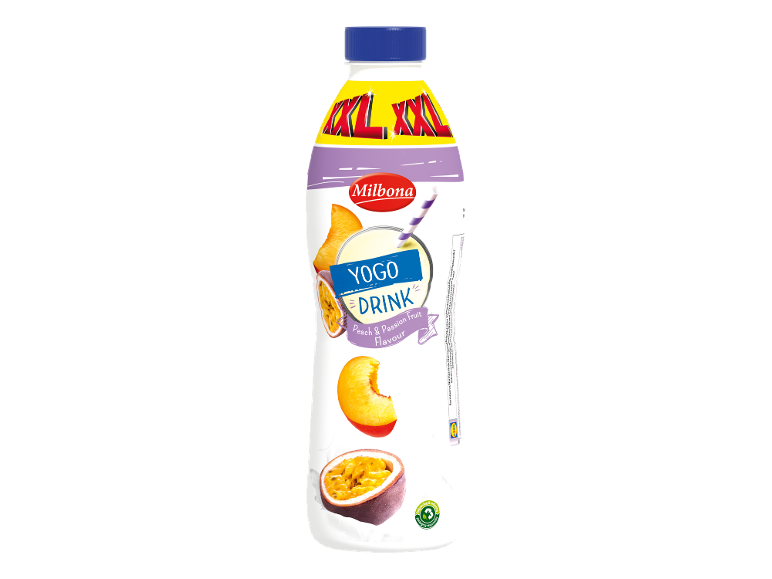 Persika- och passionsfrukt yoghurt dryck med XXL-märkning.