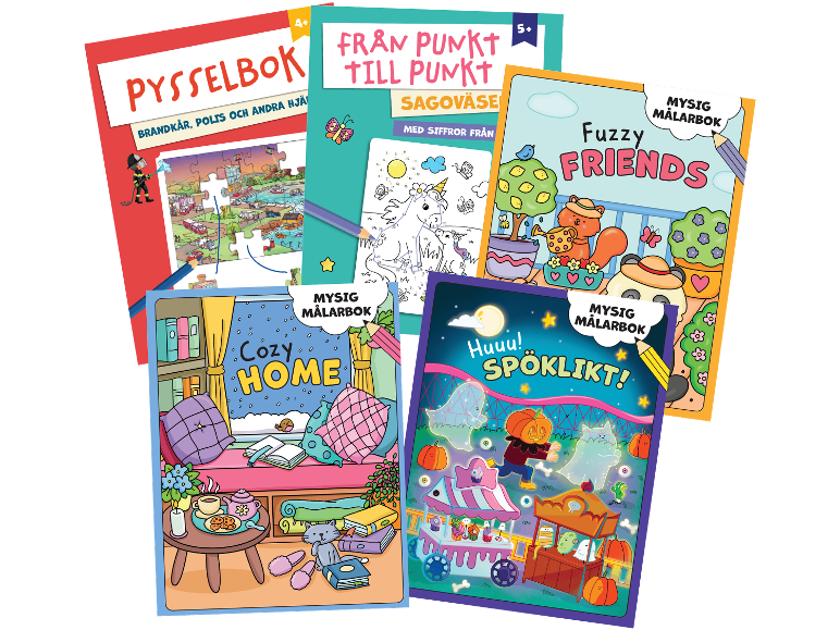 Aktivitetsböcker och målarböcker: Pysselbok, Från Punkt Till Punkt, Fuzzy Friends, Cozy Home, Spöklikt!