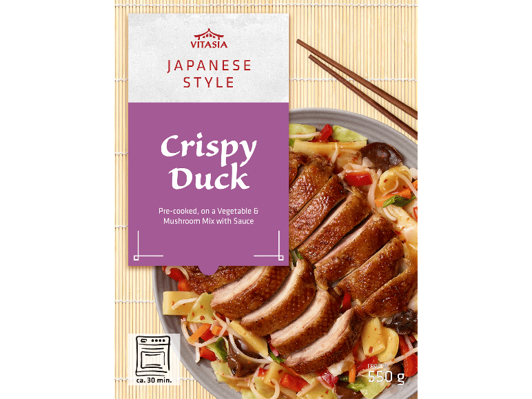 Krispig anka i japansk stil med grönsaks- och svampblandning med sås, 550 g.