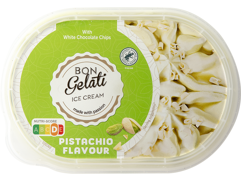 Pistageglass med vit chokladbitar, med Nutri-Score D och Rainforest Alliance kakao.