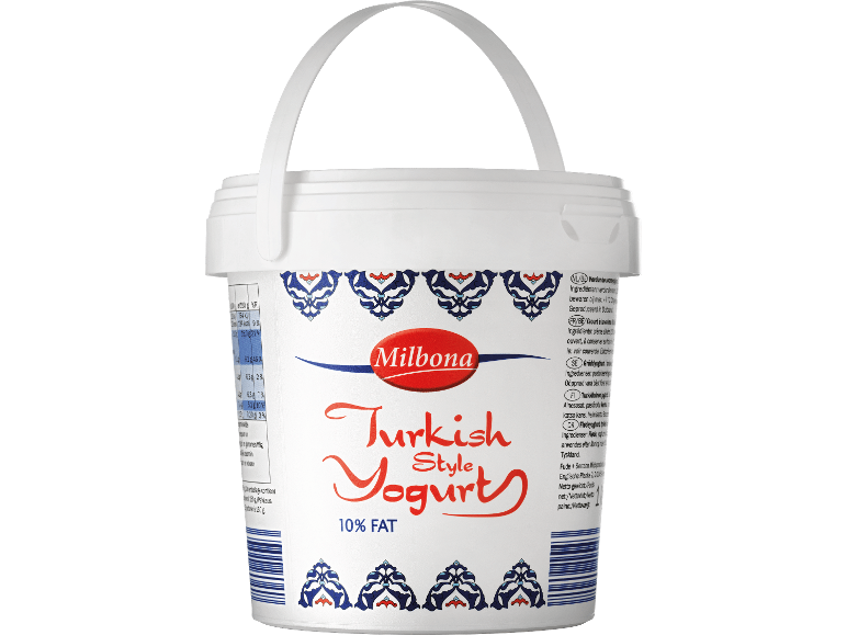 Hink med grekisk yoghurt 10% fett med blå och röda mönster.