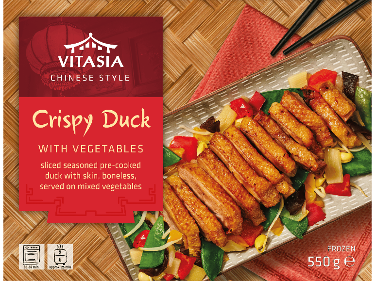Crispy Duck-förpackning med skivad anka och grönsaker, tillagningstid 30-35 min.