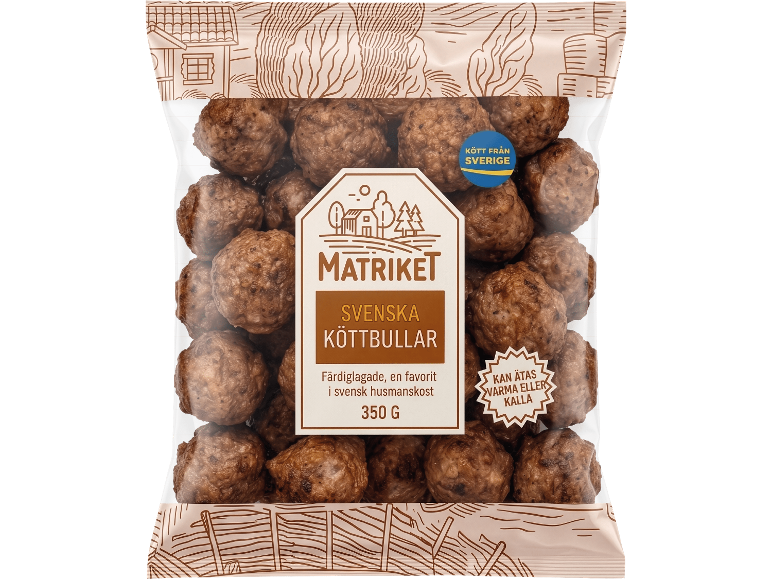 Förpackning svenska köttbullar, 350g, med märkningen 'Kött från Sverige'.