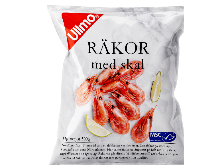 Djupfrysta räkor med skal, 500g, MSC-certifierade.