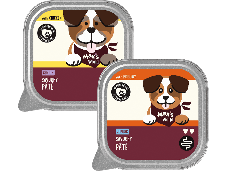 Två förpackningar med hundpaté för valpar och äldre hundar.