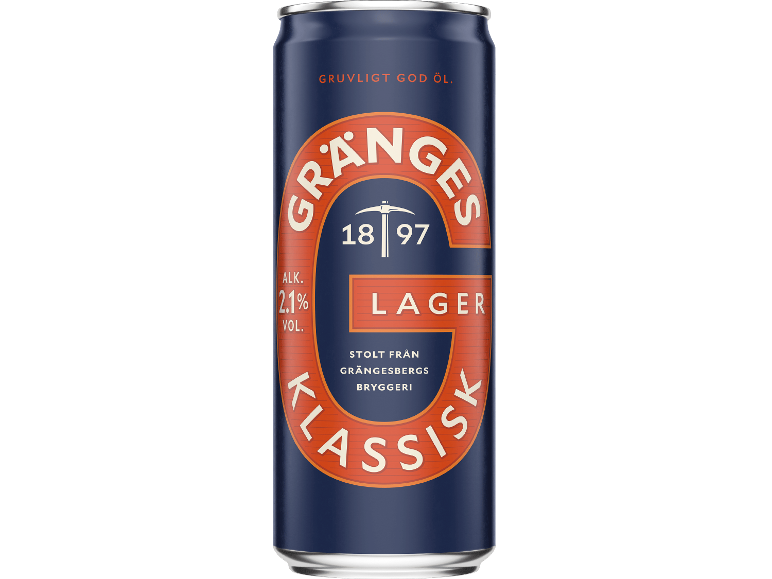 Blå ölburk med orange etikett, som anger 2,1% alkohol och texten 'Lager'.
