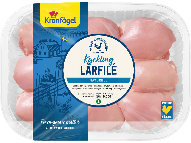 Förpackning med naturliga kycklinglårfiléer med lantligt tema.
