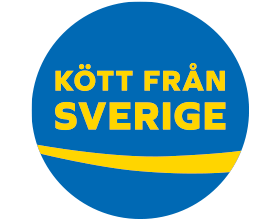 Blå och gul sigill med texten 'KÖTT FRÅN SVERIGE' och en böjd rand.