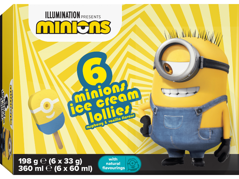 Minions glasspinnar, hallon- och vaniljsmak, 6-pack.