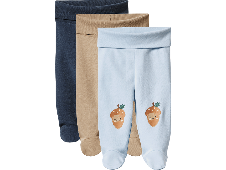 Tre babybyxor: mörkblå, beige och ljusblå med ekollon.