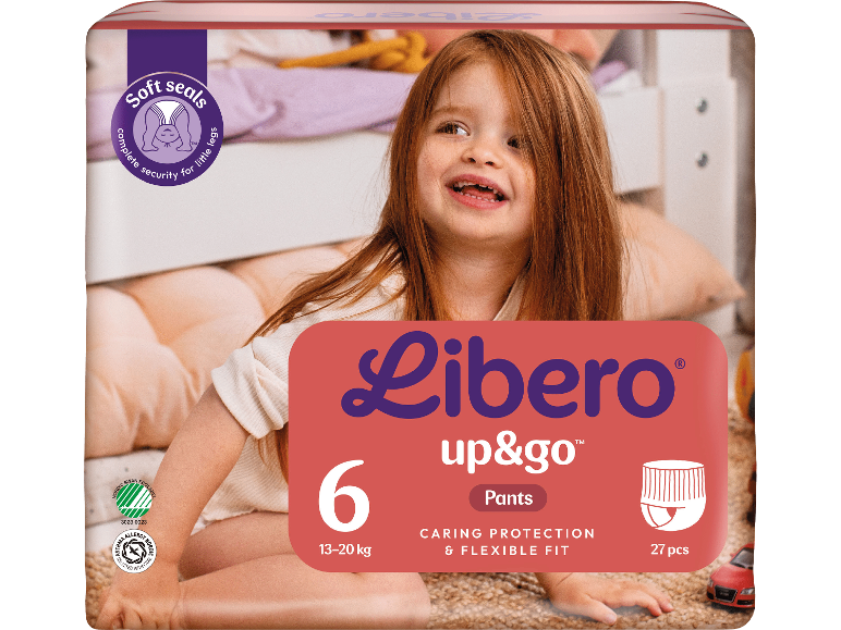 Blöjförpackning med en glad flicka, storlek 6 (13-20 kg), 27 st byxblöjor.
