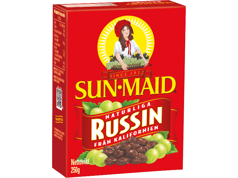 Röd låda med naturliga russin från Kalifornien, med en kvinna som håller vindruvor.