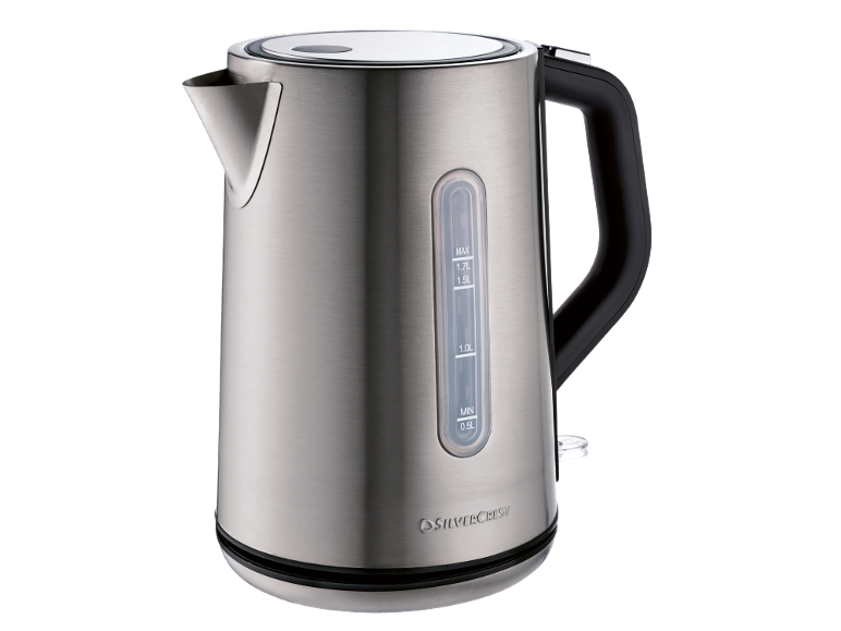 Vattenkokare i rostfritt stål med vattennivåindikator och svart handtag.