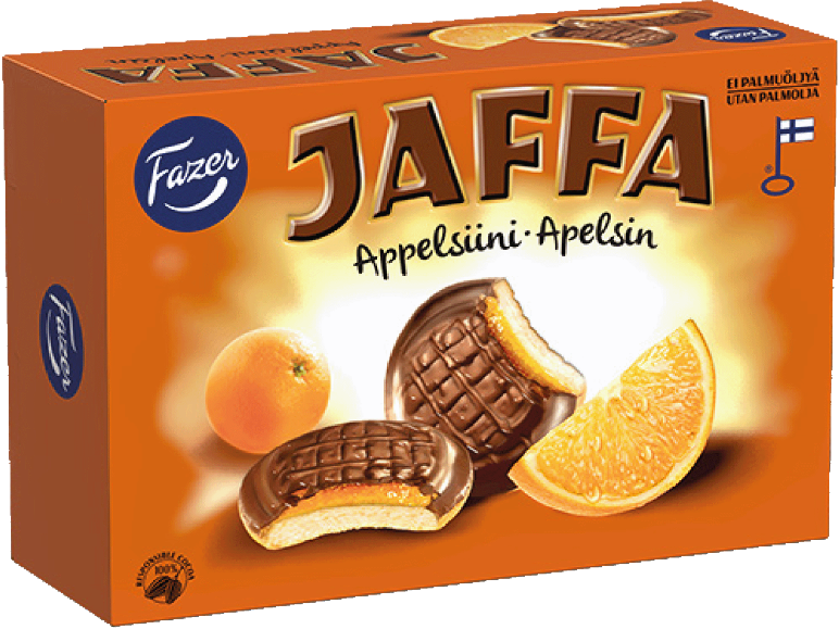 Kartong med chokladöverdragna apelsinkex och färska apelsiner, citrustema.