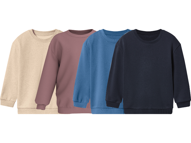 Fyra sweatshirts i olika färger: beige, brun, blå och mörkblå.
