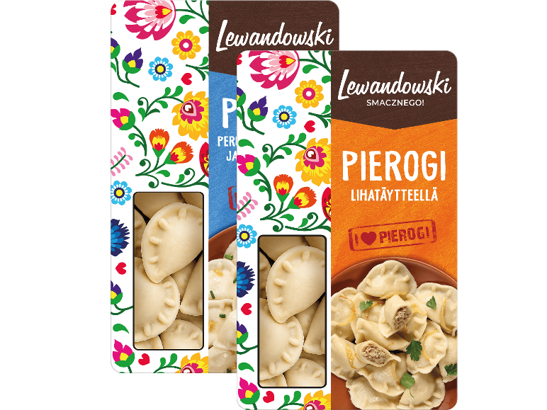 Traditionella polska pierogi-dumplings med köttfyllning i färgglada folkförpackningar.