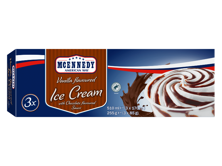 Förpackning vaniljglass med chokladsås, 3 stycken, totalt 510 ml.