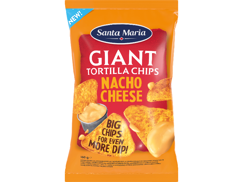 Orange påse med jättestora nacho cheese tortillachips med en 'NEW!'-etikett.