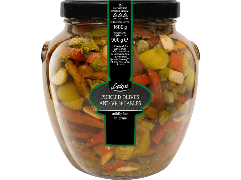 En burk Deluxe inlagda oliver och medelhavsgrönsaker, 1600 g
