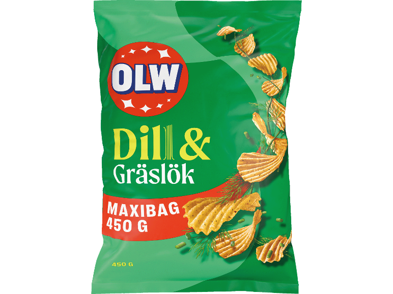 Grön påse räfflade potatischips med dill- och gräslökssmak, med texten 'Dill & Gräslök' och 'MAXIBAG 450 G'.