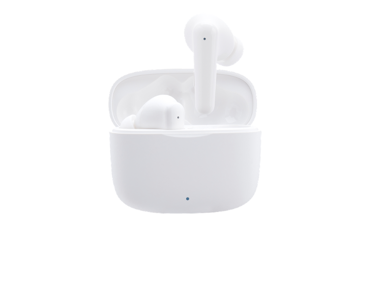 Vita trådlösa hörlurar i ett öppet laddningsfodral.
