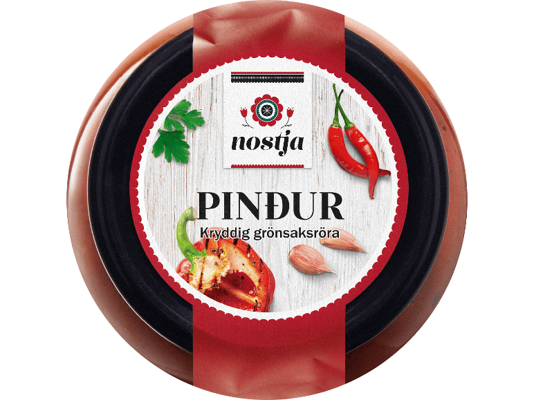 Nostja Pindur kryddig grönsaksröra i en glasburk.