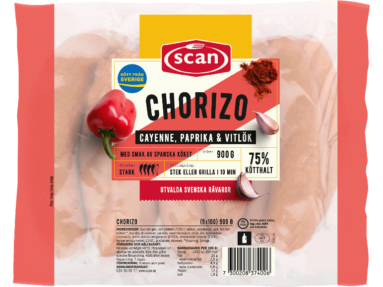 Chorizo av gris- och nötkött med cayennepeppar, paprika och vitlök, 75% kötthalt.