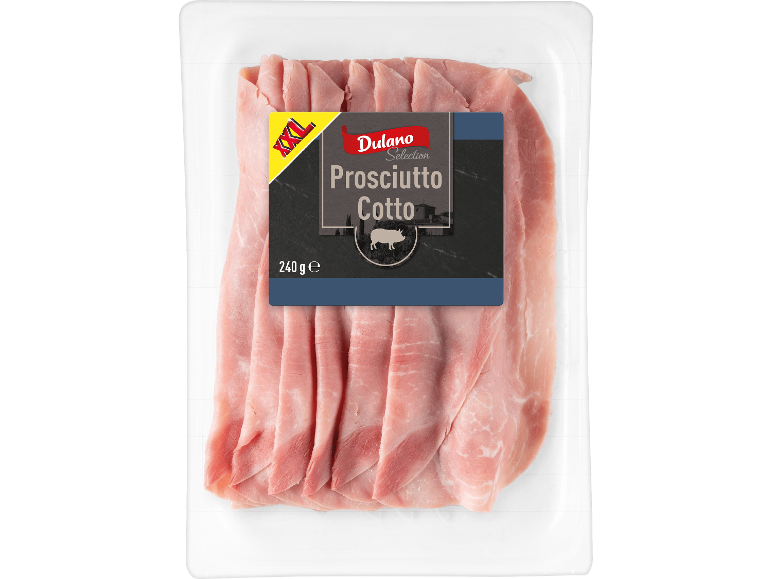 Skivad kokt skinka i vakuumförpackning, med etiketten 'Prosciutto Cotto' och 'XXL'.