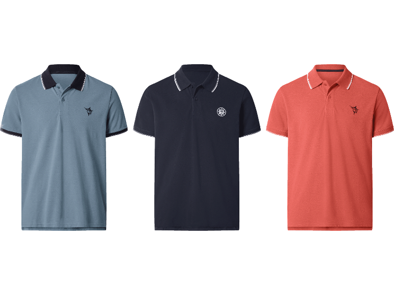 Tre kortärmade pikétröjor i blått, marinblått och korall med randig krage och muddar.