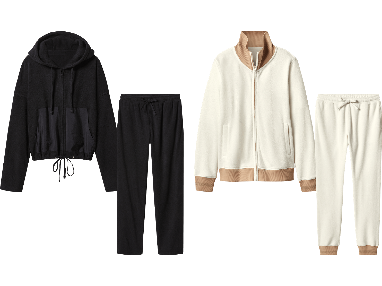 Esmara Fleece-Wellnessanzug: Svart huvtröja och byxor, samt vit jacka och byxor.