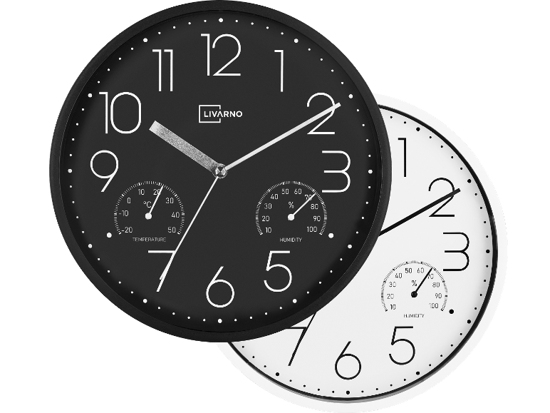 Livarno väggklockor med termometer och hygrometer i svart och vitt.