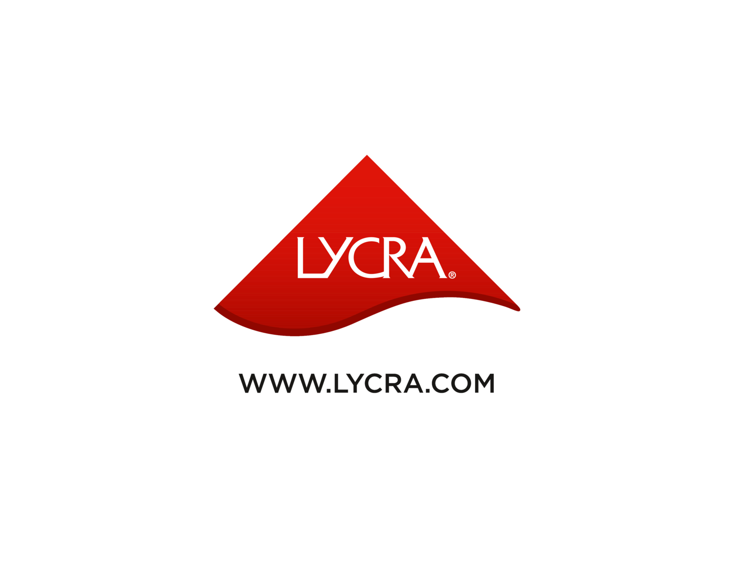 Röd triangulär logotyp med texten LYCRA och webbadressen WWW.LYCRA.COM.