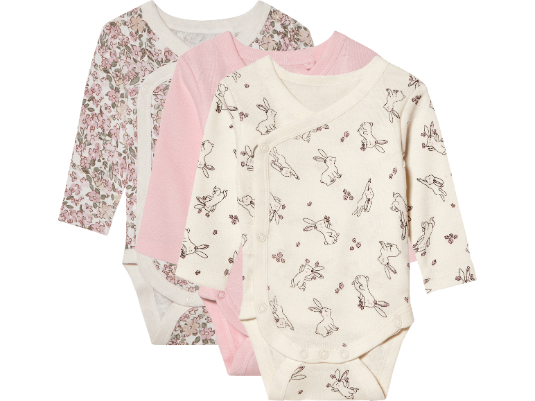 Tre babybodys: blommig, rosa och med kaniner.