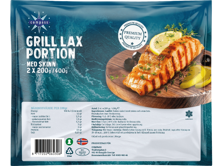 Fryst grillad laxportion, 2x200g, i blå förpackning.