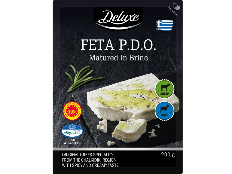 Fetaost i saltlake, 200g, med får- och getsymboler, en grekisk specialitet.