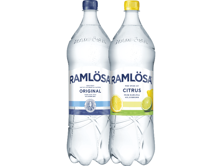 Två flaskor kolsyrat vatten, en original och en med smak av citron och lime.