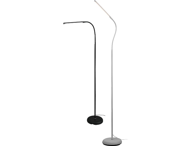 Två LED-golvlampor med flexibel arm, svart och vit, mot en vit bakgrund.