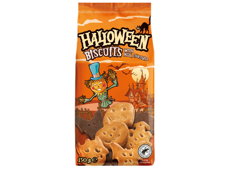 Halloween-kex med mjölkchoklad, 150g förpackning med kusligt tema.