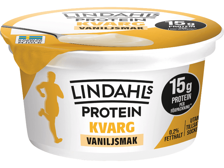 Proteinkvarg med vaniljsmak, 15 g protein per förpackning.