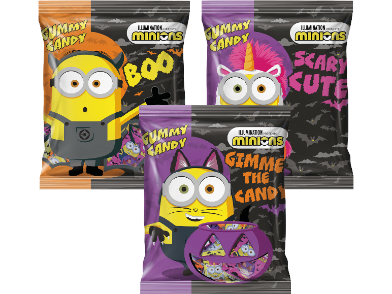 Tre påsar Minions gelégodis med Halloween-tema och läskiga motiv.