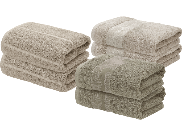 Livarno Frottier-Handtücher: beige och gröna handdukar med mönster.