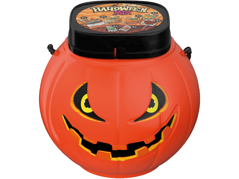 HALLOWEEN godishink i form av en pumpa med svart lock och läskigt ansikte.
