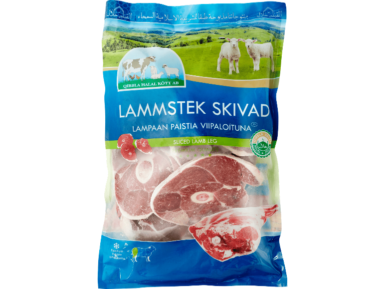 Djupfryst skivad lammstek i förpackning.